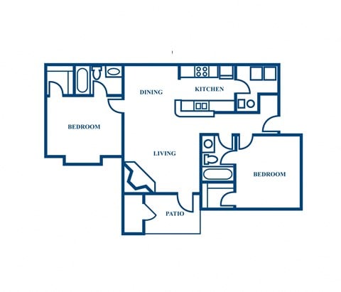 Floor plan for 2 beds, 2 baths, 940 sqft